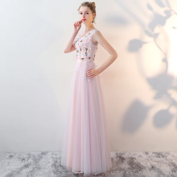 Chic / Beautiful Blushing Pink Bridesmaid Dresses 2017 A-Line / Princess V-Neck Sleeveless Appliques Flower Beading Floor-Length / Long Backless Wedding Party Dresses