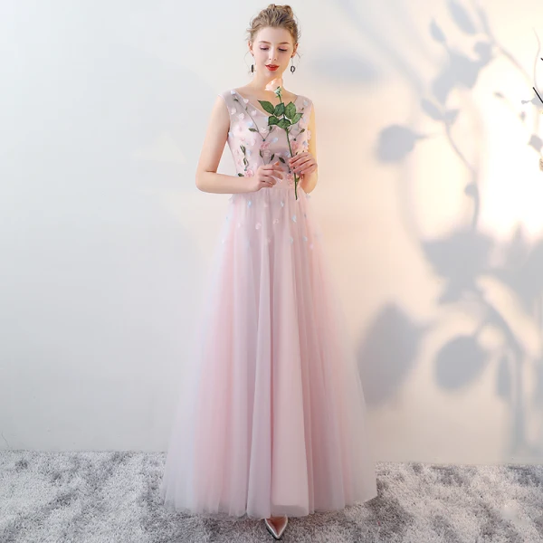 Chic / Beautiful Blushing Pink Bridesmaid Dresses 2017 A-Line / Princess V-Neck Sleeveless Appliques Flower Beading Floor-Length / Long Backless Wedding Party Dresses