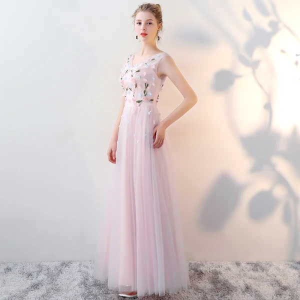 Chic / Beautiful Blushing Pink Bridesmaid Dresses 2017 A-Line / Princess V-Neck Sleeveless Appliques Flower Beading Floor-Length / Long Backless Wedding Party Dresses