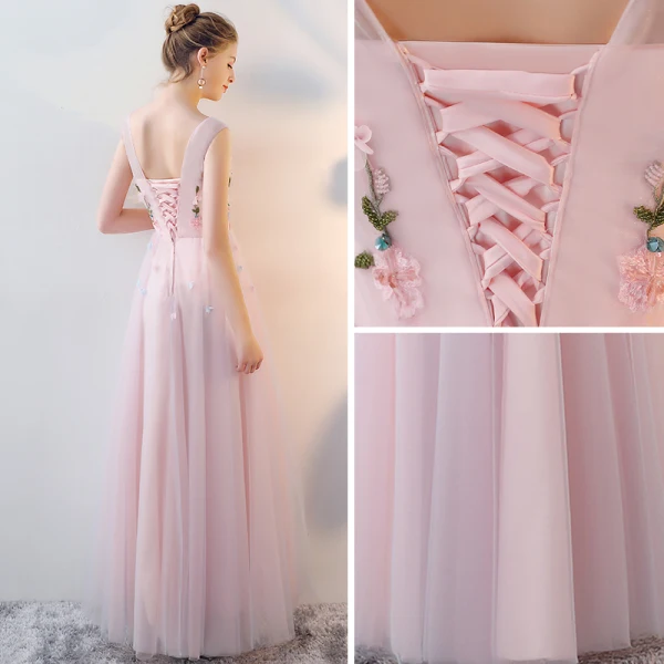 Chic / Beautiful Blushing Pink Bridesmaid Dresses 2017 A-Line / Princess V-Neck Sleeveless Appliques Flower Beading Floor-Length / Long Backless Wedding Party Dresses