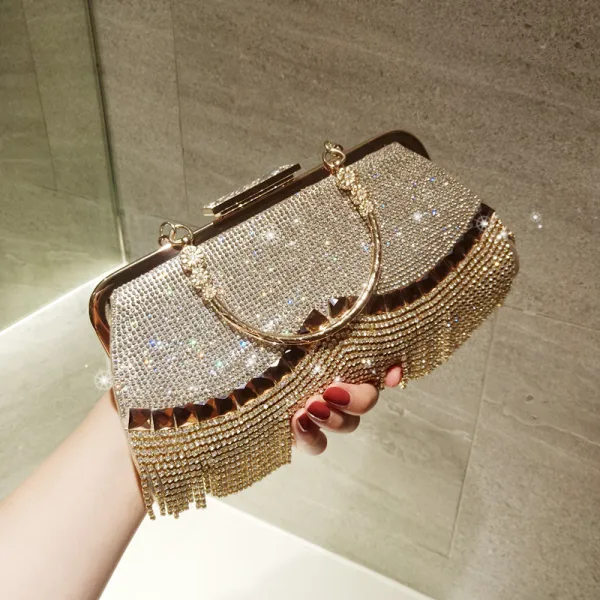 Lyx Guld Glittriga / Glitter Rhinestone Tassel Kuvertväska 2018