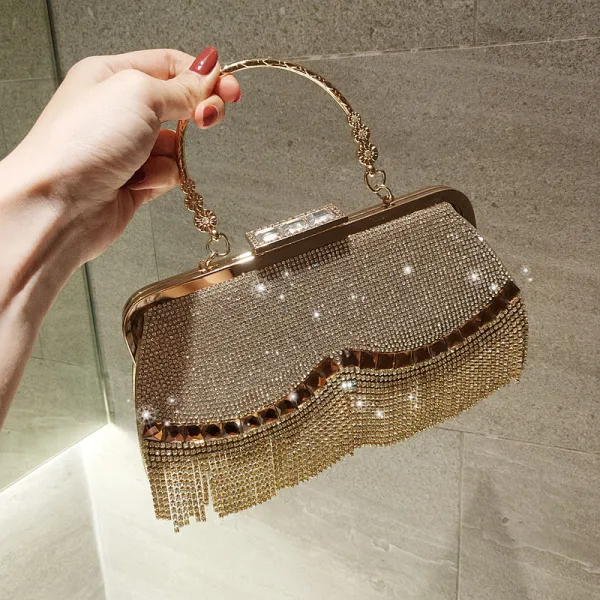 Lyx Guld Glittriga / Glitter Rhinestone Tassel Kuvertväska 2018