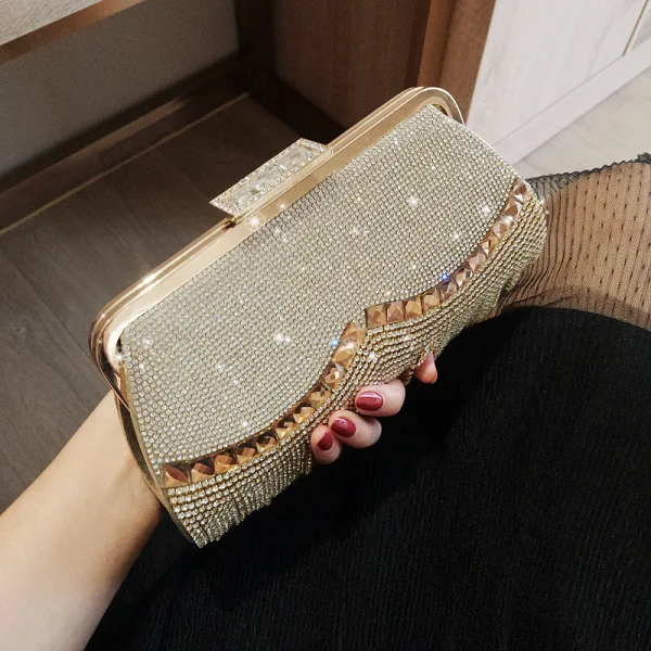 Lyx Guld Glittriga / Glitter Rhinestone Tassel Kuvertväska 2018