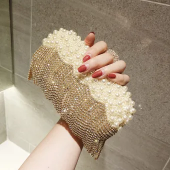 Luksusowe Szampan Rhinestone Kutas Perła Kopertówki 2018
