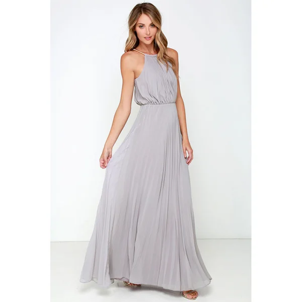 Elegant Pearl Pink Chiffon Summer Maxi Dresses 2018 Sheath / Fit Halter Sleeveless Floor-Length / Long Pleated Womens Clothing