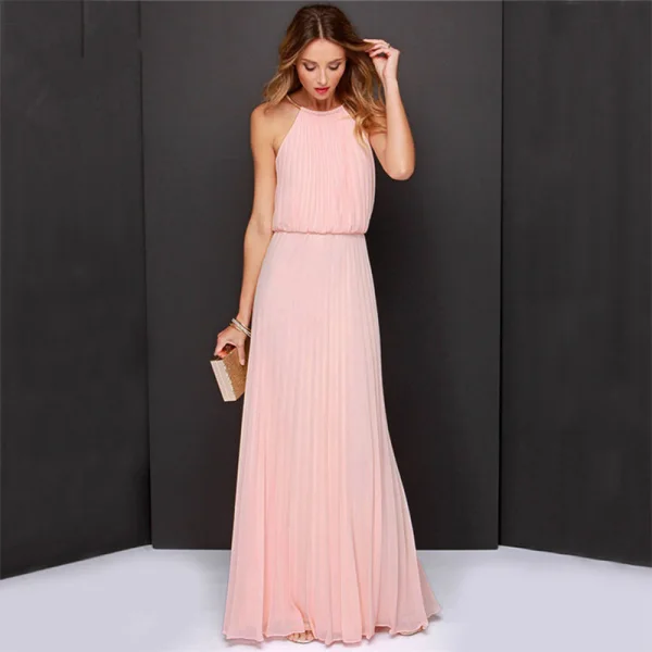 Elegant Pearl Pink Chiffon Summer Maxi Dresses 2018 Sheath / Fit Halter  Sleeveless Floor-Length / Long Pleated
