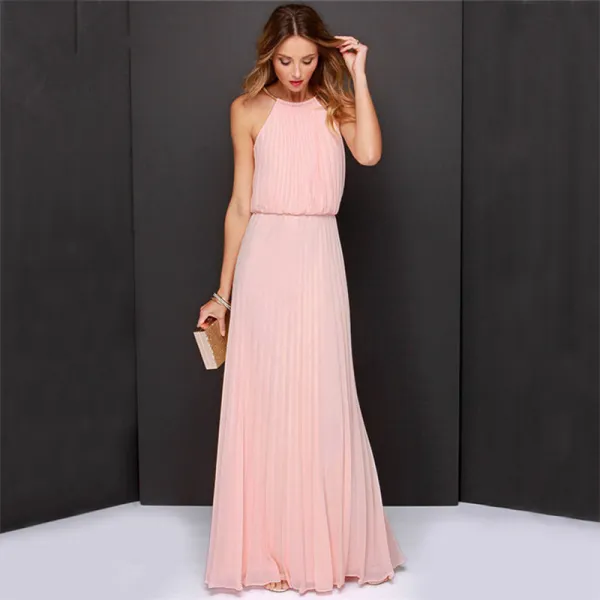 Elegant Pearl Pink Chiffon Summer Maxi Dresses 2018 Sheath / Fit Halter Sleeveless Floor-Length / Long Pleated Womens Clothing