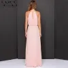 Elegant Perle Pink Chiffon Sommer Maxikjoler 2018 Stramme Halter Ærmeløs Lange Plisseret Tøj til kvinder