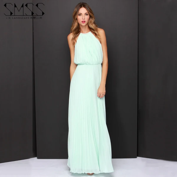 Elegant Pearl Pink Chiffon Summer Maxi Dresses 2018 Sheath / Fit Halter Sleeveless Floor-Length / Long Pleated Womens Clothing