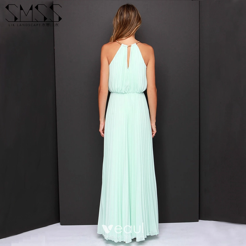 Elegant Pearl Pink Chiffon Summer Maxi Dresses 2018 Sheath Fit Halter  Sleeveless Long