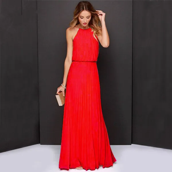Elegant Pearl Pink Chiffon Summer Maxi Dresses 2018 Sheath / Fit Halter Sleeveless Floor-Length / Long Pleated Womens Clothing
