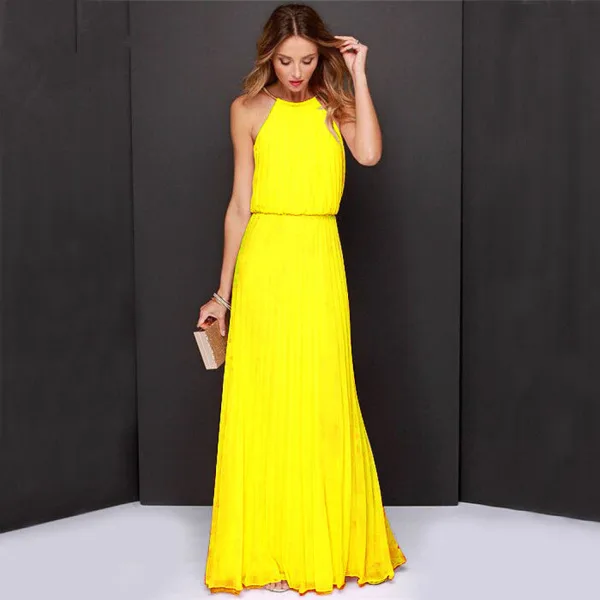 Elegant Pearl Pink Chiffon Summer Maxi Dresses 2018 Sheath / Fit Halter Sleeveless Floor-Length / Long Pleated Womens Clothing
