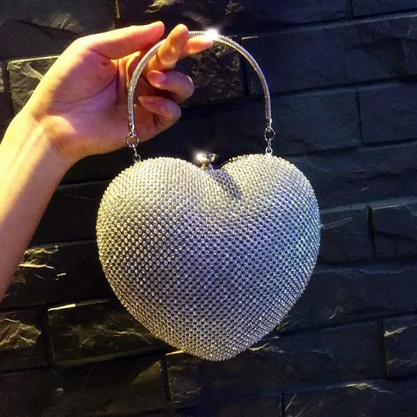 Bling Bling Silver Glitter Rhinestone Heart-shaped Clutch Bags 2018