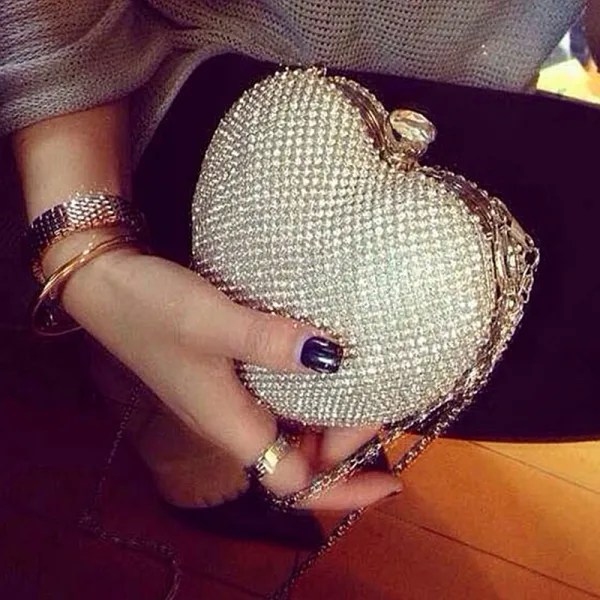 Bling Bling Silver Glitter Rhinestone Heart-shaped Clutch Bags 2018