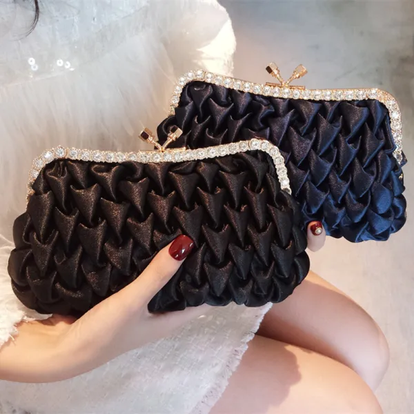 Vintage / Retro Black Ruffle Beading Rhinestone Clutch Bags 2018