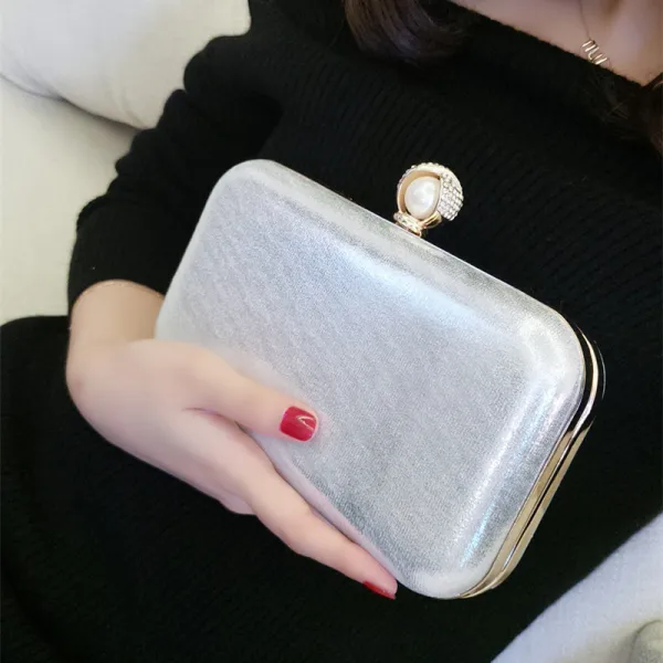Modest / Simple Silver Pearl Patent Leather Clutch Bags 2018