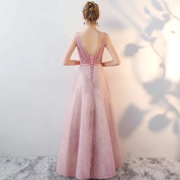 Chic / Beautiful Blushing Pink Evening Dresses 2017 A-Line / Princess V-Neck Sleeveless Rhinestone Metal Sash Floor-Length / Long Ruffle Backless Formal Dresses
