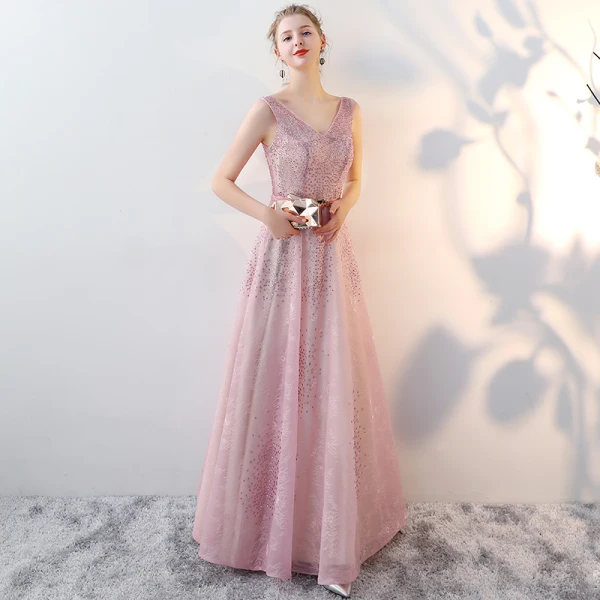 Chic / Beautiful Blushing Pink Evening Dresses 2017 A-Line / Princess V-Neck Sleeveless Rhinestone Metal Sash Floor-Length / Long Ruffle Backless Formal Dresses