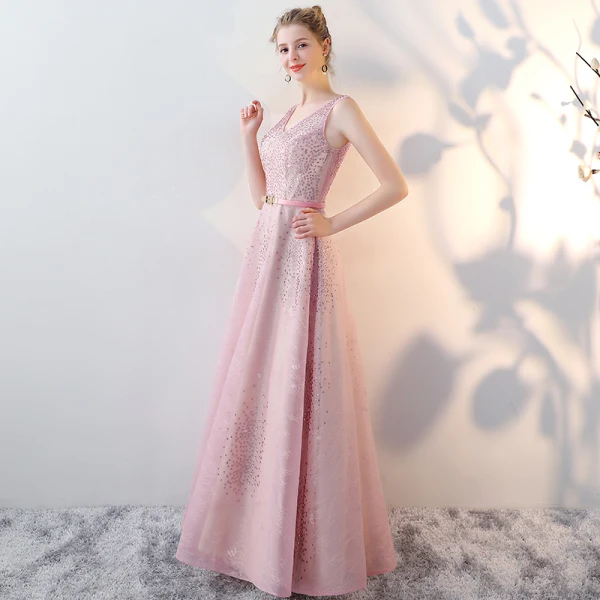 Chic / Beautiful Blushing Pink Evening Dresses 2017 A-Line / Princess V-Neck Sleeveless Rhinestone Metal Sash Floor-Length / Long Ruffle Backless Formal Dresses