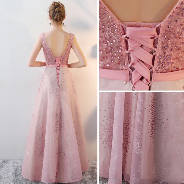 Chic / Beautiful Blushing Pink Evening Dresses 2017 A-Line / Princess V-Neck Sleeveless Rhinestone Metal Sash Floor-Length / Long Ruffle Backless Formal Dresses