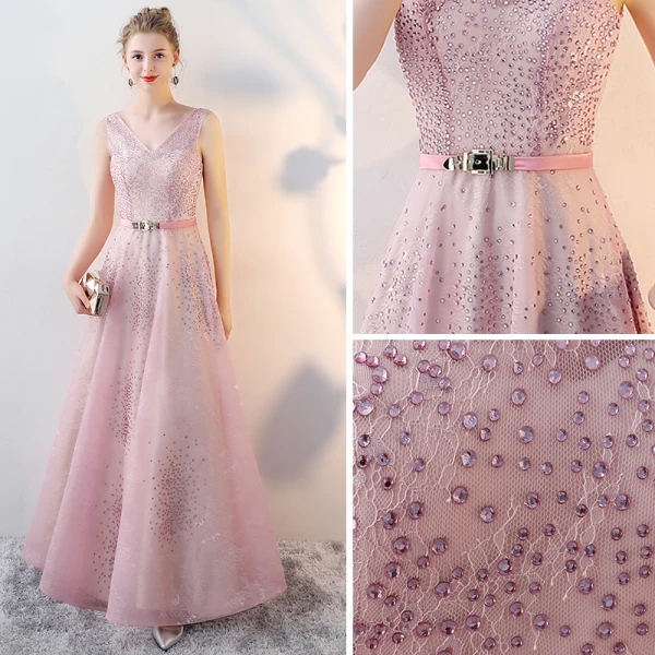 Chic / Beautiful Blushing Pink Evening Dresses 2017 A-Line / Princess V-Neck Sleeveless Rhinestone Metal Sash Floor-Length / Long Ruffle Backless Formal Dresses
