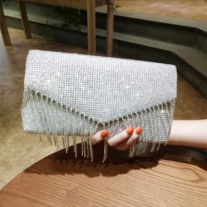 Glittrande Silver Glittriga Glitter Rhinestone Tassel Kuvertväska 2018