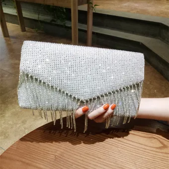 Sparkly Silver Glitter Rhinestone Tassel Clutch Bags 2018