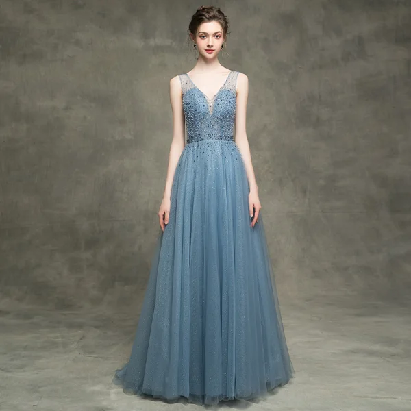 Luxe Bleu D'encre Transparentes Robe De Soirée 2018 Princesse V-Cou Sans Manches Perlage Perle Faux Diamant Paillettes Glitter Tulle Dos Nu Train De Balayage Volants Robe De Ceremonie