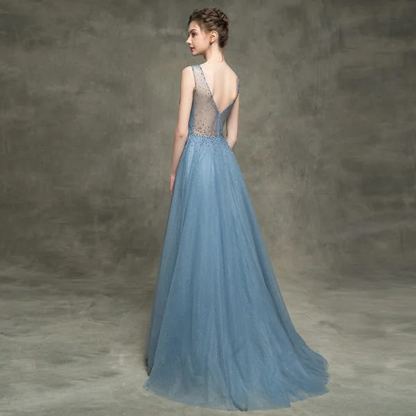 Luxe Bleu D'encre Transparentes Robe De Soirée 2018 Princesse V-Cou Sans Manches Perlage Perle Faux Diamant Paillettes Glitter Tulle Dos Nu Train De Balayage Volants Robe De Ceremonie