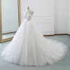 Modest / Simple Ivory Wedding Dresses 2018 Ball Gown Amazing / Unique Strapless Sleeveless Backless Cathedral Train Ruffle
