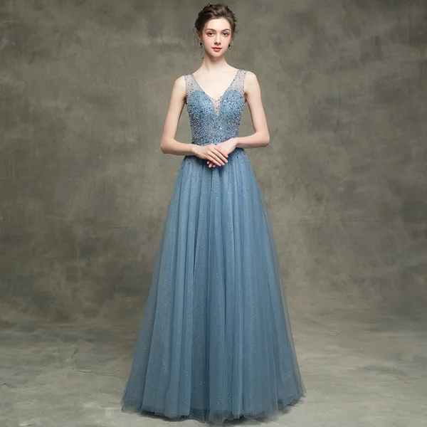 Luxe Bleu D'encre Transparentes Robe De Soirée 2018 Princesse V-Cou Sans Manches Perlage Perle Faux Diamant Paillettes Glitter Tulle Dos Nu Train De Balayage Volants Robe De Ceremonie