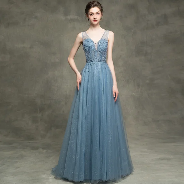 Luxe Bleu D'encre Transparentes Robe De Soirée 2018 Princesse V-Cou Sans Manches Perlage Perle Faux Diamant Paillettes Glitter Tulle Dos Nu Train De Balayage Volants Robe De Ceremonie
