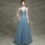 Luxe Bleu D'encre Transparentes Robe De Soirée 2018 Princesse V-Cou Sans Manches Perlage Perle Faux Diamant Paillettes Glitter Tulle Dos Nu Train De Balayage Volants Robe De Ceremonie