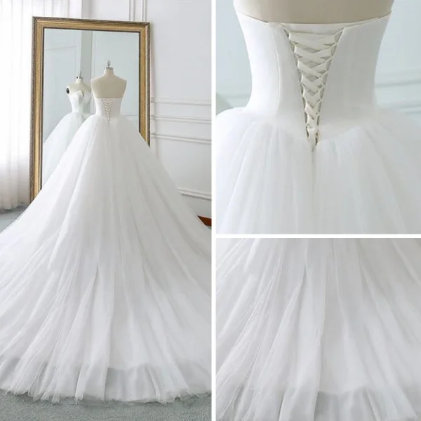 Simple Ivoire Robe De Mariée 2018 Robe Boule Unique Bustier Sans Manches Dos Nu Cathedral Train Volants