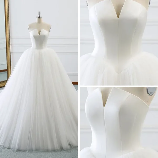 Simple Ivoire Robe De Mariée 2018 Robe Boule Unique Bustier Sans Manches Dos Nu Cathedral Train Volants