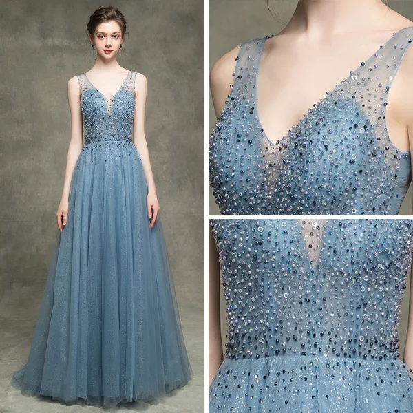 Luxe Bleu D'encre Transparentes Robe De Soirée 2018 Princesse V-Cou Sans Manches Perlage Perle Faux Diamant Paillettes Glitter Tulle Dos Nu Train De Balayage Volants Robe De Ceremonie