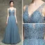 Luxe Bleu D'encre Transparentes Robe De Soirée 2018 Princesse V-Cou Sans Manches Perlage Perle Faux Diamant Paillettes Glitter Tulle Dos Nu Train De Balayage Volants Robe De Ceremonie