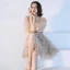 Modern / Fashion Champagne Homecoming Graduation Dresses 2018 A-Line / Princess V-Neck Puffy 1/2 Sleeves Sequins Short Ruffle Formal Dresses
