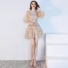 Modern / Fashion Champagne Homecoming Graduation Dresses 2018 A-Line / Princess V-Neck Puffy 1/2 Sleeves Sequins Short Ruffle Formal Dresses