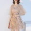 Modern / Fashion Champagne Homecoming Graduation Dresses 2018 A-Line / Princess V-Neck Puffy 1/2 Sleeves Sequins Short Ruffle Formal Dresses