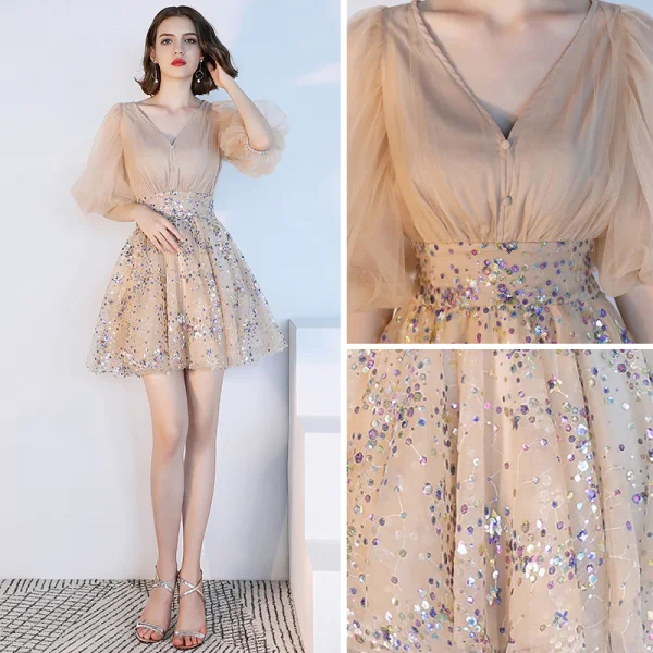 Modern / Fashion Champagne Homecoming Graduation Dresses 2018 A-Line / Princess V-Neck Puffy 1/2 Sleeves Sequins Short Ruffle Formal Dresses