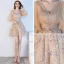 Modern / Fashion Champagne Homecoming Graduation Dresses 2018 A-Line / Princess V-Neck Puffy 1/2 Sleeves Sequins Short Ruffle Formal Dresses