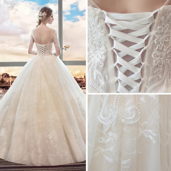Élégant Ivoire Robe De Mariée 2018 Robe Boule Encolure Dégagée Manches Longues Dos Nu Appliques Percé En Dentelle Longue Volants