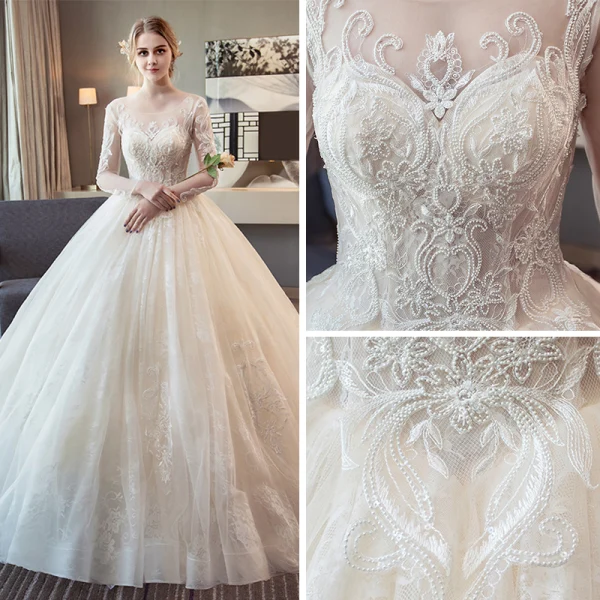 Élégant Ivoire Robe De Mariée 2018 Robe Boule Encolure Dégagée Manches Longues Dos Nu Appliques Percé En Dentelle Longue Volants