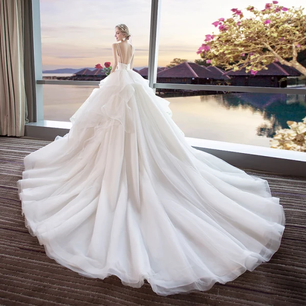 Modern / Fashion Ivory Wedding Dresses 2018 Ball Gown Shoulders Spaghetti Straps Sleeveless Backless Appliques Lace Sequins Cathedral Train Ruffle
