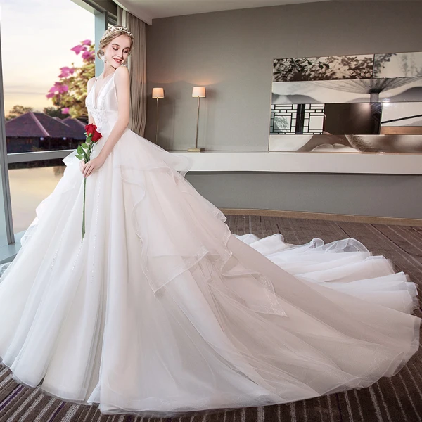 Modern / Fashion Ivory Wedding Dresses 2018 Ball Gown Shoulders Spaghetti Straps Sleeveless Backless Appliques Lace Sequins Cathedral Train Ruffle
