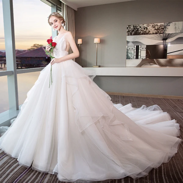 Modern / Fashion Ivory Wedding Dresses 2018 Ball Gown Shoulders Spaghetti Straps Sleeveless Backless Appliques Lace Sequins Cathedral Train Ruffle