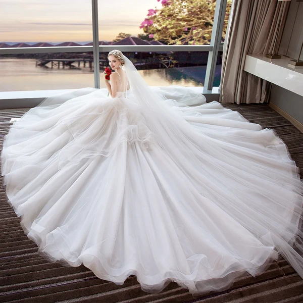 Modern / Fashion Ivory Wedding Dresses 2018 Ball Gown Shoulders Spaghetti Straps Sleeveless Backless Appliques Lace Sequins Cathedral Train Ruffle