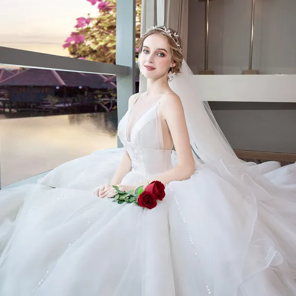 Modern / Fashion Ivory Wedding Dresses 2018 Ball Gown Shoulders Spaghetti Straps Sleeveless Backless Appliques Lace Sequins Cathedral Train Ruffle