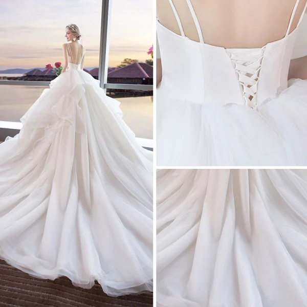 Modern / Fashion Ivory Wedding Dresses 2018 Ball Gown Shoulders Spaghetti Straps Sleeveless Backless Appliques Lace Sequins Cathedral Train Ruffle